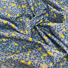 Load image into Gallery viewer, Cotton Poplin Woven Fabric - Lemon Blossoms - Blue background
