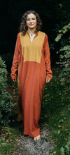 Load image into Gallery viewer, Front view of Gaza Dress, floor length red dress with large mustard yellow yoke.
