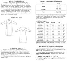 Load image into Gallery viewer, back of pattern envelope with description, line drawings, fabric suggestions, and sizing chart
