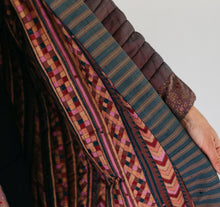 Load image into Gallery viewer, Close up of inner contrasting fabric and overlapping band on front opening and cuff.  Model is holding the jacket open to show detail.
