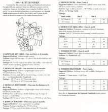 Load image into Gallery viewer, Photo of back cover of pattern.  Shows size chart and describes individual elements of pattern.
