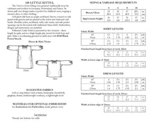 Load image into Gallery viewer, Photo of back cover for 110 Little Kittle pattern.  Shows size charts and descriptions as well as fabric suggestions.
