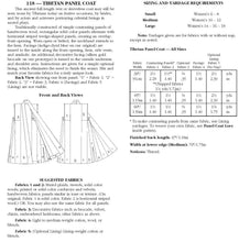 Load image into Gallery viewer, Photo of back cover for 118 Tibetan Panel Coat. Shows all views, descriptions, size and yardage chart, and fabric suggestions.
