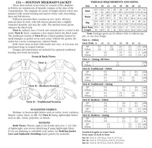 Load image into Gallery viewer, Photo of back cover of pattern.  Shows size and yardage charts, views and descriptions, and fabric suggestions.
