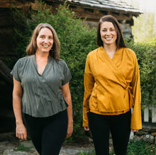 Load image into Gallery viewer, two models wearing Thai Blouse.  Model on left wears short sleeve adaptation and model on right wears standard long sleeve blouse.
