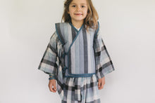 Load image into Gallery viewer, Child wearing a striped Kimono and vest against a white background
