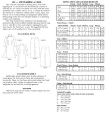 Load image into Gallery viewer, Photo of back cover of pattern.  Cover shows description of Ao Dai, Size and yardage chart, fabric suggestions and notions.
