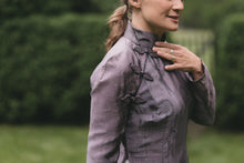Load image into Gallery viewer, close up photo of woman in Ao Dai tunic.  Photo shows shoulder , dart, and side closure.

