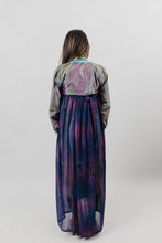 Load image into Gallery viewer, Back View of a woman wearing a purple shot silk han bok dress and jacket. Jacket is of teal and green shot silk and tied in the front. She is standing in front of a white backdrop.
