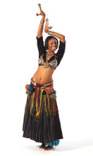 Load image into Gallery viewer, Photo of woman in tribal style belly dance outfit.  She poses with her arms raised in a dance pose with ornate coin bra and layered tassel belt.
