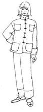 Load image into Gallery viewer, Black and white drawing of woman wearing the 145 Chinese Pajamas jacket and pants.
