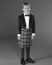 Load image into Gallery viewer, Black and white photo of boy wearing Kilt, Prince Charlie Jacket, and Argyle socks.

