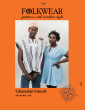Load image into Gallery viewer, cover with orange broader of An African American young man and women standing in front of a white studio backdrop wearing the Ghanaian Smock.

