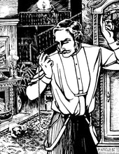 Load image into Gallery viewer, Black and white pen and ink drawing by artist Gretchen Schields.  Man wearing victorian shirt holding a pocketwatch in rright hand.  watch has a chain and his suspenders are hanging at his waist.  Fireplace and dog sleeping on hearth are in background as well as staircase and a grandfather clock.
