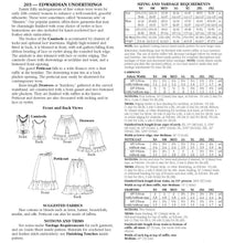 Load image into Gallery viewer, Photo of back of pattern cover. Cover shows description of pattern, views, fabric suggestions, and size and yardage charts.
