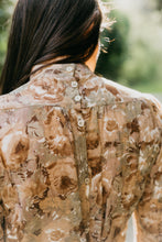 Load image into Gallery viewer, close up back view of brunette woman wearing 205 Gibson Girl Blouse, back fastened with tiny buttons.
