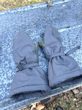 Load image into Gallery viewer, Pair of grey mittens on a piece of sheet metal outside.
