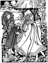 Load image into Gallery viewer, Black and white pen and ink drawing of three children surrounded by shrubs in a village wearing 208 Kinsale Cloak for Young Maidens.
