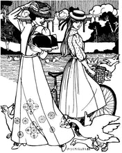 Load image into Gallery viewer, Black and white pen and ink drawing by Gretchen Schields. Two women one riding a bike the other walking with books in her hands books at the ducks surrounding their feet by a pond. Both women are wearing 209 Walking Skirt.
