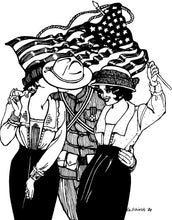 Load image into Gallery viewer, Black and white pen and ink drawing of a man kissing a woman and another woman standing with an American Flag in her hand waving in the background. Both women are wearing 210 Armistice Blouse.
