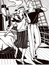 Load image into Gallery viewer, Black and white pen and ink drawing by artist Gretchen Shields.  Man and woman walking on a ship both wearing 211 Two middies.
