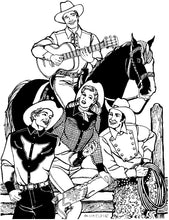 Load image into Gallery viewer, Black and white pen and ink drawing by Gretchen Schields. Three men one on a horse with a guitar, the  other two sitting on either side of a woman all wearing 212 Five Frontier Shirts.
