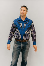 Load image into Gallery viewer, Man standing in front of a white studio backdrop, wearing 212 Five Frontier Shirt with decorative bull's head yoke.
