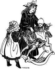 Load image into Gallery viewer, Black and white pen and ink drawing of three children all different sizes, the toddler on a rock horse., all wearing 213 Child's Prairie Dress and Pinafore.
