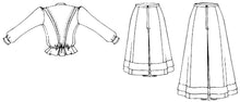 Load image into Gallery viewer, Black and white flat-line pattern drawing of back view of Shirtwaist, and short and long skirts.
