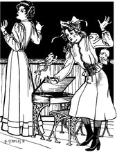 Load image into Gallery viewer, Black and white pen and ink drawing of two women wearing 216 Schoolmistress Shirtwaist and skirt, frightened by a frog jumping out of a school desk , and a child laughing in the background.
