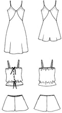 Load image into Gallery viewer, Black and white flat-line pattern drawing of front view of 219 Intimacies Slip and Teddy, and front and back view of the Camisole and tap pants.
