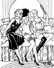 Load image into Gallery viewer, Black and white pen and ink drawing of three woman sitting on a sofa looking at a handheld mirror wearing 219 Intimacies, one with wearing the slip, one wearing the teddy and the other wearing the camisole and the tap pants.
