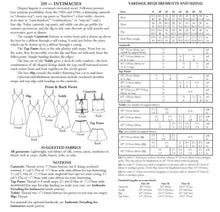 Load image into Gallery viewer, Photo of back cover showing yardage charts and size chart.  Fabric suggestions are included.
