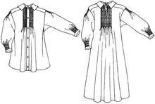 Load image into Gallery viewer, Black and white flat-line pattern drawing of front view of round frock and smock frock.
