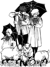 Load image into Gallery viewer, black and white pend and ink drawing by Gretchen Shields. A girl, man and woman holding umbrellas all wearing 221 English Smock, with their small flock of sheep

