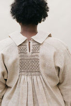 Load image into Gallery viewer, Close up back view of African American woman wearing 221 English Smock Frock, that is smocked in the back.
