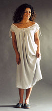 Load image into Gallery viewer, A Brunette white woman standing in front of a gray studio backdrop, wearing View A 223 A Lady's Chemise with neckline that is off the shoulders.
