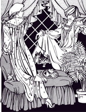 Load image into Gallery viewer, pen and ink drawing of two women wearing beautiful dreamer nightgowns sitting and kneeling on cushions with kittens.

