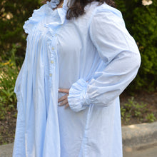 Load image into Gallery viewer, Side view of blue ruffled nightgown with side buttoned placket.
