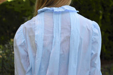 Load image into Gallery viewer, closeup of top of back of blue nightgown with three box pleats.
