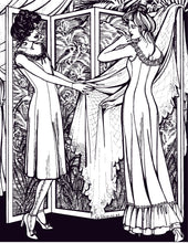 Load image into Gallery viewer, Pen and ink illustration of two women wearing the slips and looking at fabric on a dress hanging on a screen.

