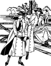 Load image into Gallery viewer, Black and white pen and in drawing by Gretchen Shields. Two women in front of men riding horses in the background, both wearing 231 Big Sky Riding skirt one with the movable front panel buttoned to the left for a skirt effect and the other buttoned to the right for a pants effect.
