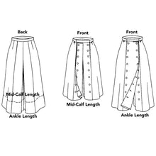 Load image into Gallery viewer, line drawing of coulotte pants in 3 views - 2 front with shorter and longer legs, and one back view
