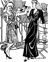Load image into Gallery viewer, Black and white pen and ink drawing by Gretchen Shields. Two women on a movie set wearing the 233 Glamour Girl Dress one at knee length the other ankle length.

