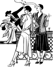 Load image into Gallery viewer, Black and white pen and in drawing by Gretchen Shields of a man and woman dancing in the background and two women in the foreground wearing the 237 Tango dress. e

