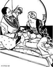 Load image into Gallery viewer, Black and white pen and in drawing by Gretchen Shields. Man and woman lounging, man is wearing Le Smoking Jacket while smoking and woman is drinking a cocktail wearing the Knitted Tan top and Le Smoking Jacket
