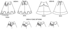 Load image into Gallery viewer, Black and white flat line drawings of front and back view of View A and View B and View A yoke options
