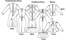 Load image into Gallery viewer, line drawings of the calico day dress options

