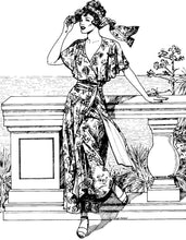 Load image into Gallery viewer, Pen and ink drawing by artist D.Kuhn.  Picture of a woman standing against railing with water in the background wearing beach pyjamas.
