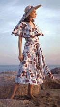 Load image into Gallery viewer, Photo of woman in shin length beach pyjamas.  Standing on rocks with ocean behind her.  wearing large hat with sash.
